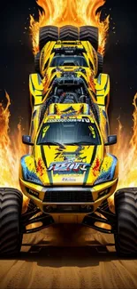 Yellow monster truck with fiery flames on a mobile wallpaper.