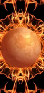 Vibrant fiery orb surrounded by flames on a black background.