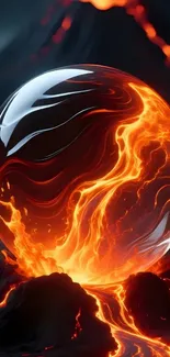 Fiery orb resting on a volcanic landscape.