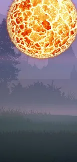 Fiery orange orb against a twilight landscape.