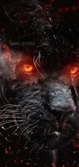 Intense black panther with fiery eyes in dramatic wallpaper.