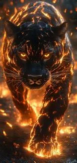 Fiery panther walking with glowing embers.