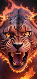 Fiery panther with flames, fierce and roaring.