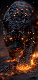 Fierce panther with glowing fiery eyes and embers on a dark background.