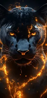 Fiery black panther with orange flames on mobile wallpaper.