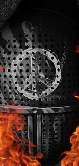 Knight helmet with peace symbol surrounded by flames.