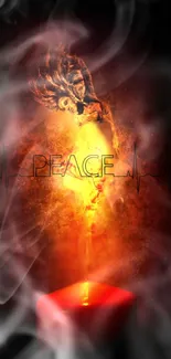 Fiery artwork featuring a burning candle with smoke and peace text.