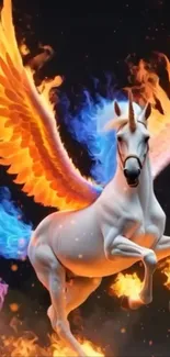 A fiery Pegasus with vibrant flaming wings set against a dark background.