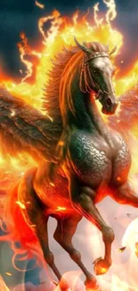 A fiery Pegasus with blazing wings soaring in a dramatic sky.