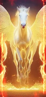 Fiery Pegasus with golden wings emerges from flames, perfect for a mobile wallpaper.