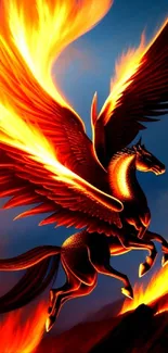 Fiery Pegasus with flaming wings in vibrant wallpaper.