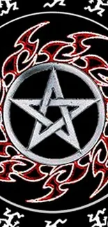 Fiery pentagram with red flames on black background.