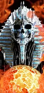 Fiery pharaonic skull design with flames background.