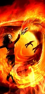 A fiery phoenix circling a woman in vibrant flame art.