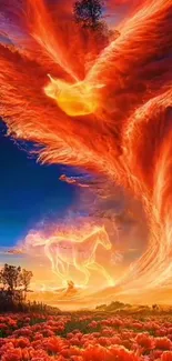 Vibrant fantasy phoenix and horse amidst fiery sky and floral field.