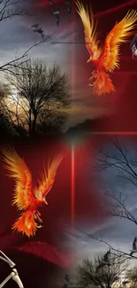 Fiery phoenix and skeleton in surreal artwork with a red background.