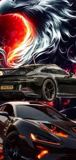 Fiery phoenix with sleek sports cars illustration.