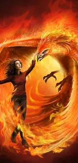 Dynamic wallpaper of a fiery phoenix encircling a woman.