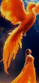 Fiery phoenix soaring above a woman in matching orange tones.