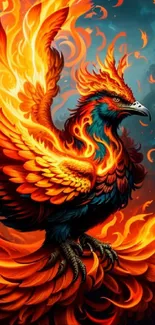 A vibrant phoenix with fiery orange and red feathers in an artistic fantasy design.