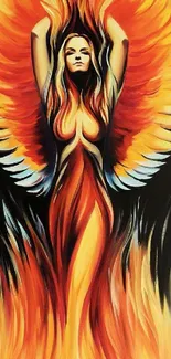 Vibrant phoenix art with fiery orange wings on a sleek black background.