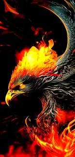 A majestic phoenix with fiery flames and vivid orange tones in a fantasy wallpaper.