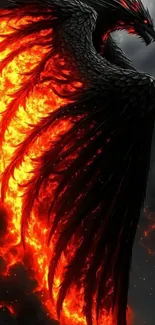 Fiery phoenix with blazing wings in vivid flames against a dark, dramatic background.