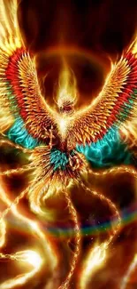 Vibrant fiery phoenix with dynamic flames and colorful wings on mobile wallpaper.