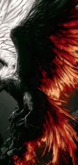 Fiery phoenix with black and red wings.