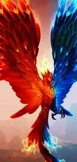 Fantasy phoenix with red-blue wings on a vibrant, fiery background.