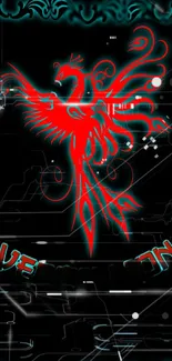 Red phoenix with teal accents mobile wallpaper, featuring vermilion text.