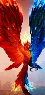 Phoenix wallpaper with red and blue fiery wings.