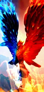 Fiery phoenix with red and blue wings in a vibrant flame backdrop.