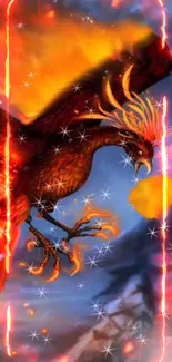 Dynamic fiery phoenix in fantasy landscape.