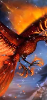 Fiery phoenix soaring with blazing wings and magical flames.