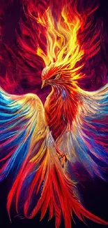 Vibrant phoenix with fiery red and blue wings in digital art.