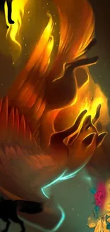 Fiery phoenix in glowing orange fantasy art scene.