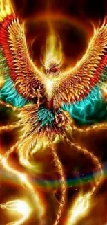 Vibrant fiery phoenix with colorful wings in fantasy art.