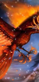 Fiery phoenix with bright orange flames and starry background.