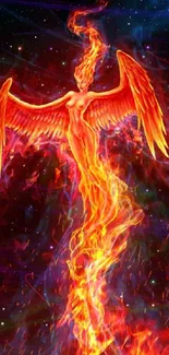 Vibrant phoenix with flaming wings in a mystical fantasy setting.