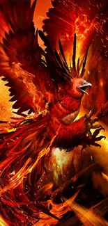 Fiery phoenix spreads wings in dynamic red flames.