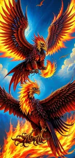 A fiery phoenix with burning wings in a vivid fantasy setting.