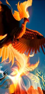 Fiery phoenix with vibrant wings in a blue sky.