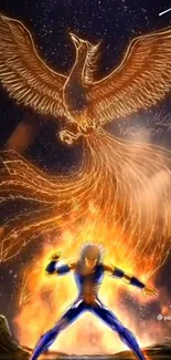 Hero and phoenix in a fiery cosmic background.