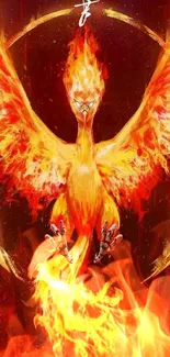 Fiery phoenix flying with blazing wings on a dark background.