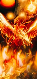 Fiery phoenix with wings in a cosmic, celestial scene.