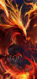 Fiery phoenix in vibrant flames wallpaper.