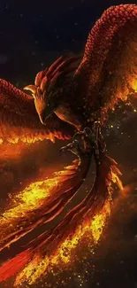 Fiery phoenix with burning feathers soaring through the sky.