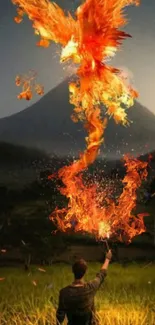 A fierce phoenix of fire rises against a scenic mountain backdrop.