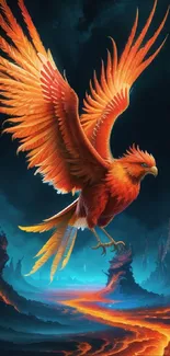 Vibrant phoenix soaring in a mystical, fiery landscape.